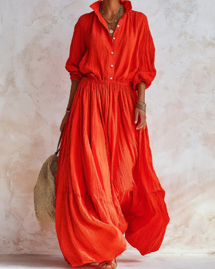 Lapel Fitted Waist Shirt Flared Long Dress