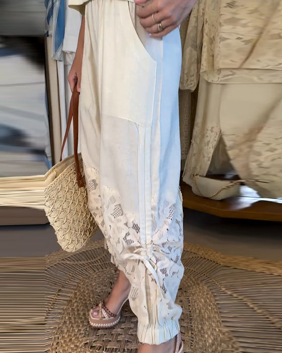 Solid Color Lace Patchwork Shirred Long Pants