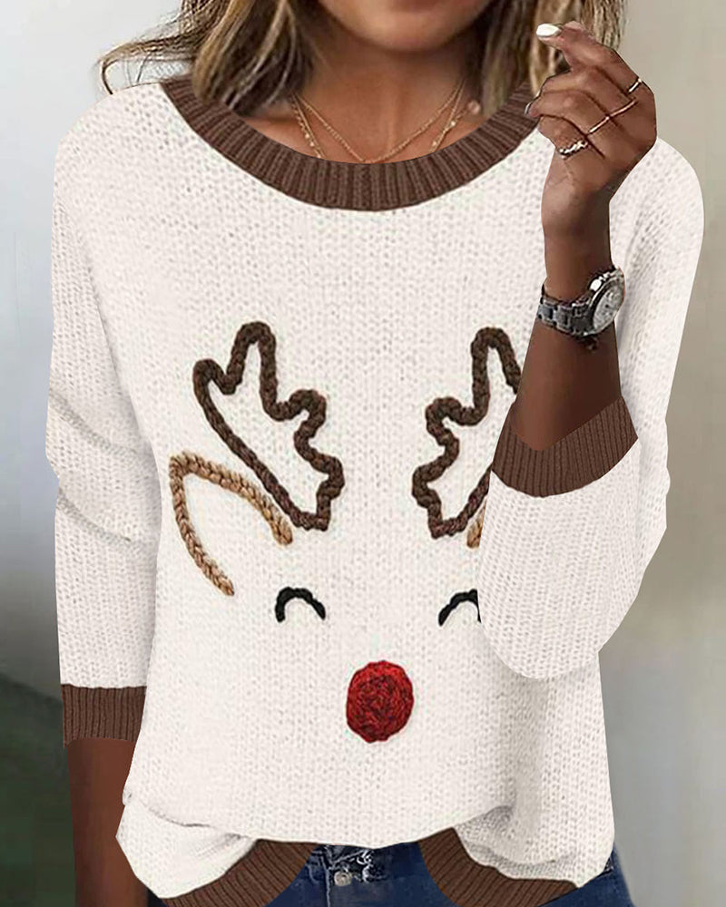 Casual Crewneck Christmas Pattern Sweater