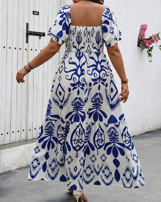 Blue Porcelain Square Neck Print Maxi Dress