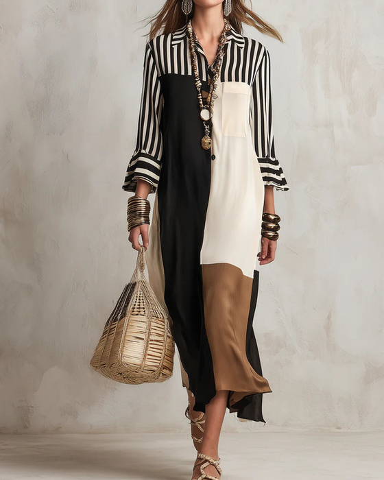 Color Block Striped Contrasting Shirt Dress