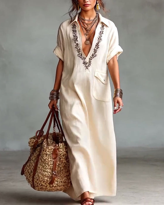 Deep V-Neck Print Casual Maxi Dress