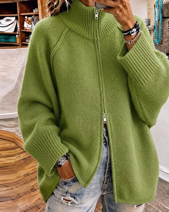 Stand Collar Zipper Solid Color Cardigan