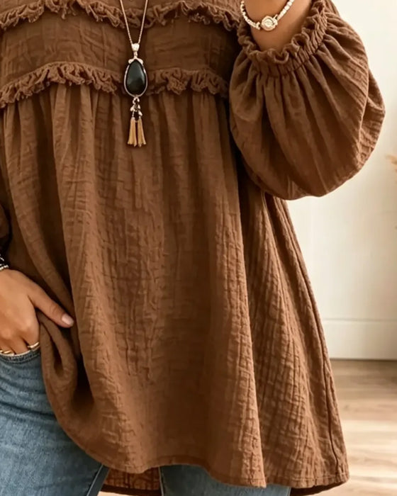 Solid Shirred Casual Blouse