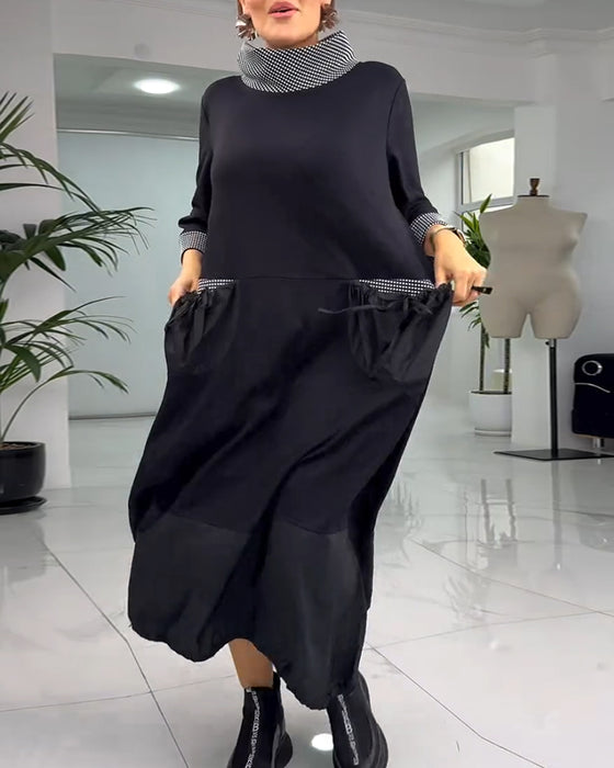 Casual plaid patchwork high collar pocket dress