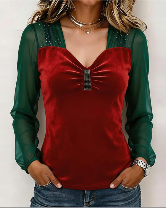 V-Neck Ruched Mesh Color-Block Slim-Fit Blouse