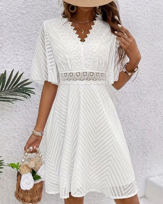 V-Neck Lace Patchwork Cutout Dress