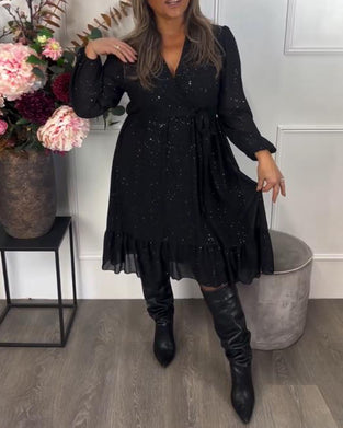 V-Neck Tie-Waist Shimmer Dress