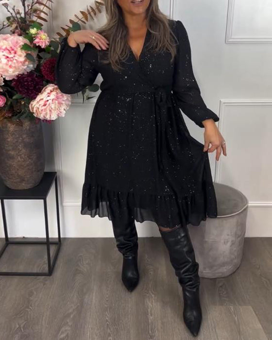 V-Neck Tie-Waist Shimmer Dress