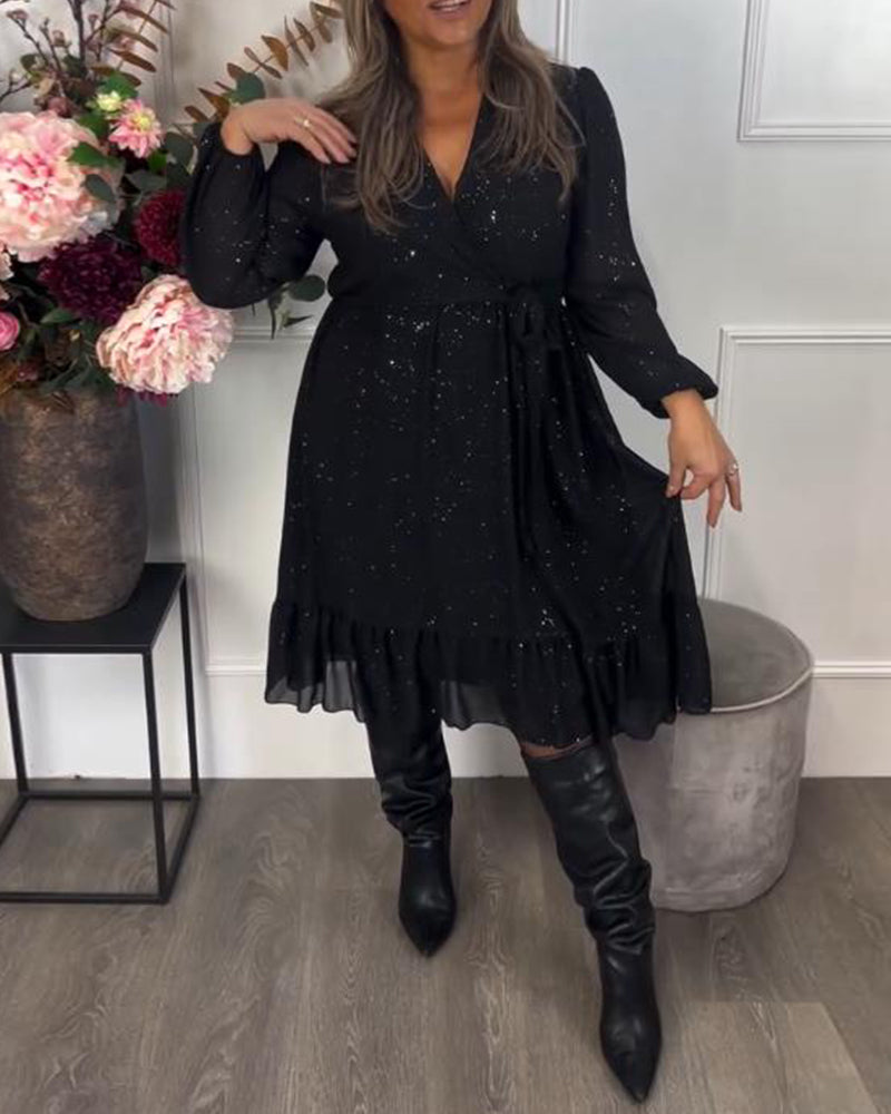 V-Neck Tie-Waist Shimmer Dress