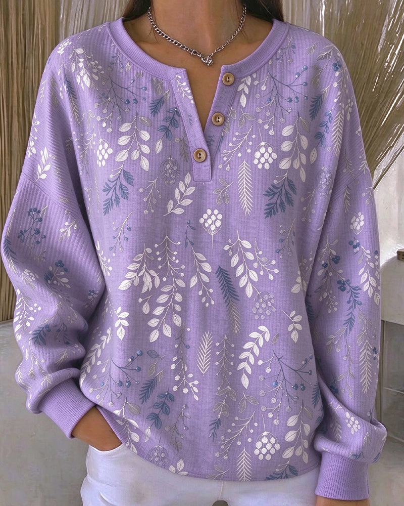Waffle Henry Collar Floral Print Sweatshirt