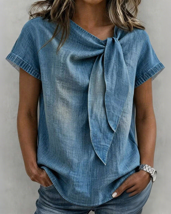 Short-Sleeved Lace-Up Blouse