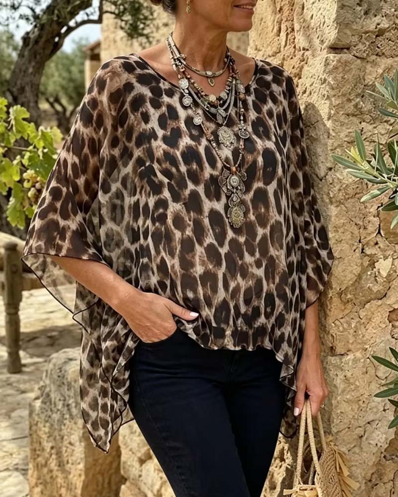 Leopard Batwing-Sleeve Loose Blouse