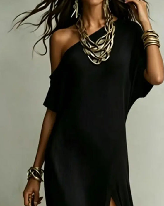 Off-Shoulder Slit Batwing Sleeve Dress