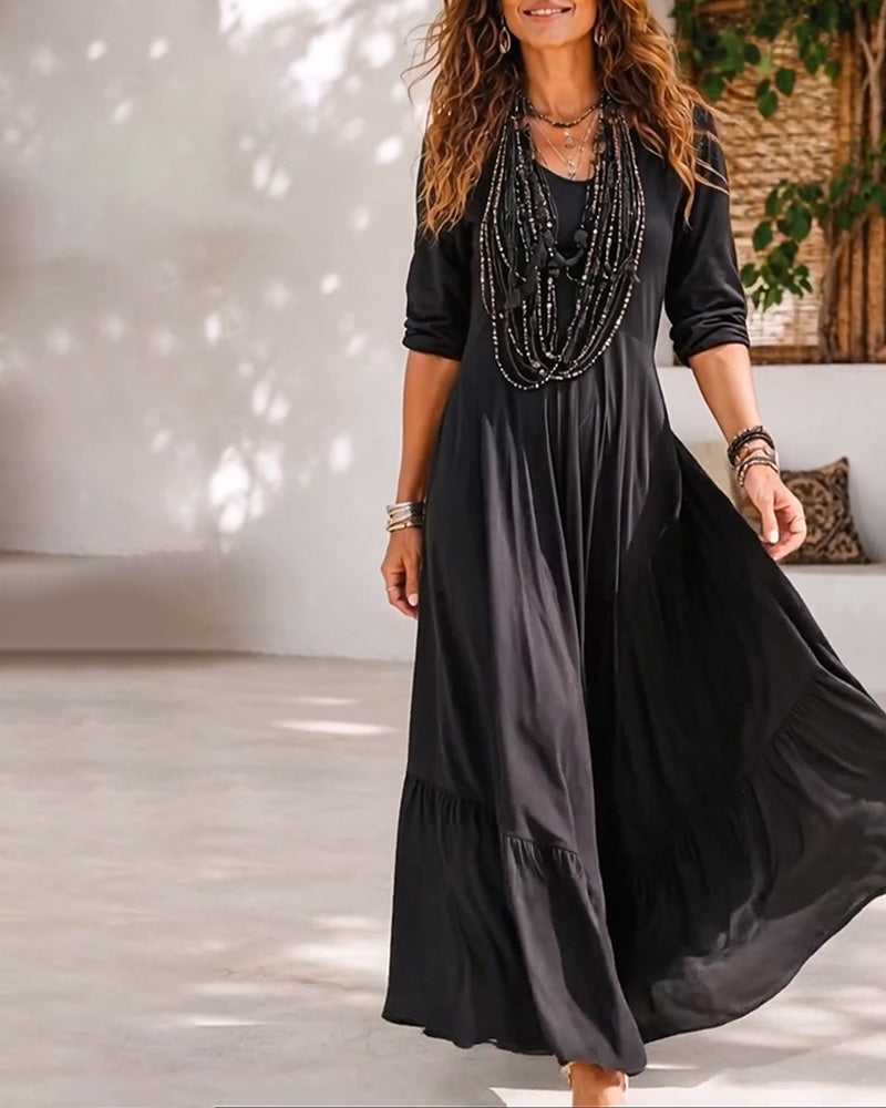Solid Color V-Neck Waist A-Line Dress