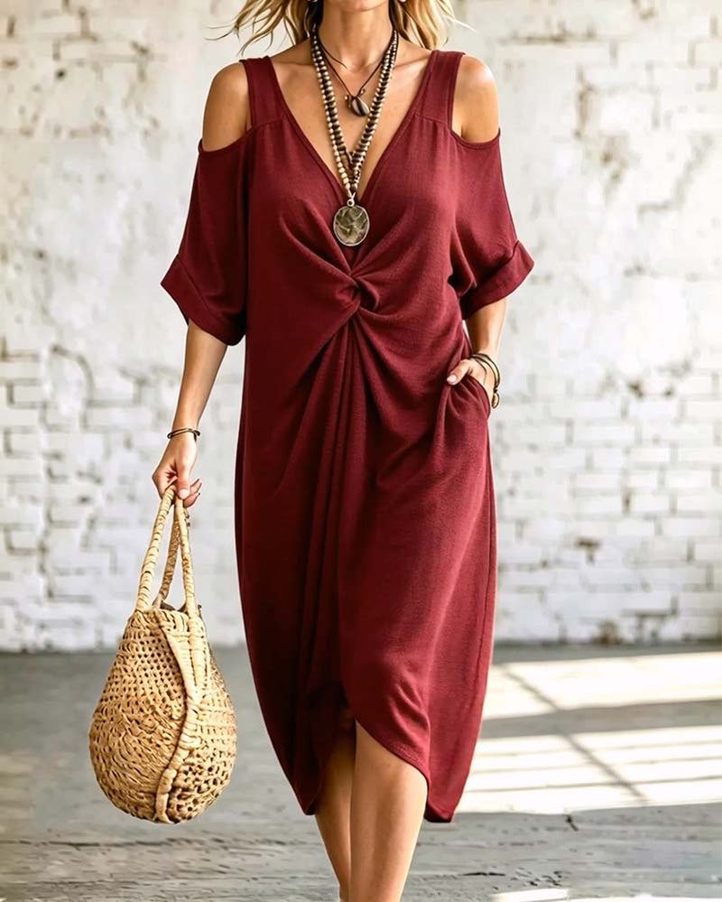 Solid Color Cold Shoulder Shirred Dress
