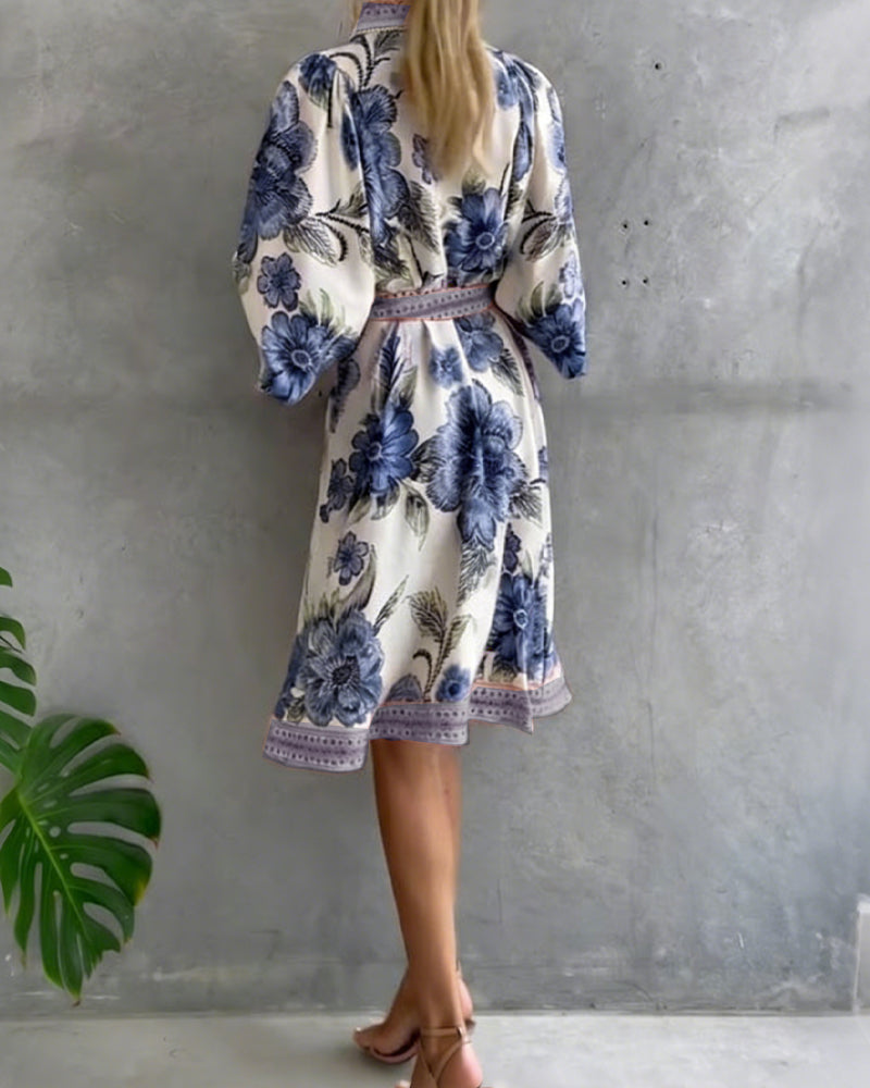 French Lantern Sleeve Notched Collar Printed Dress