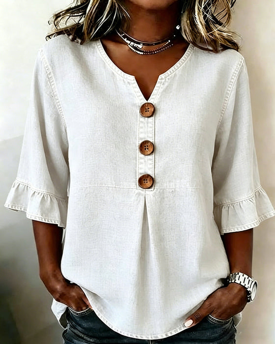V-Neck Flared Sleeve Denim Blouse