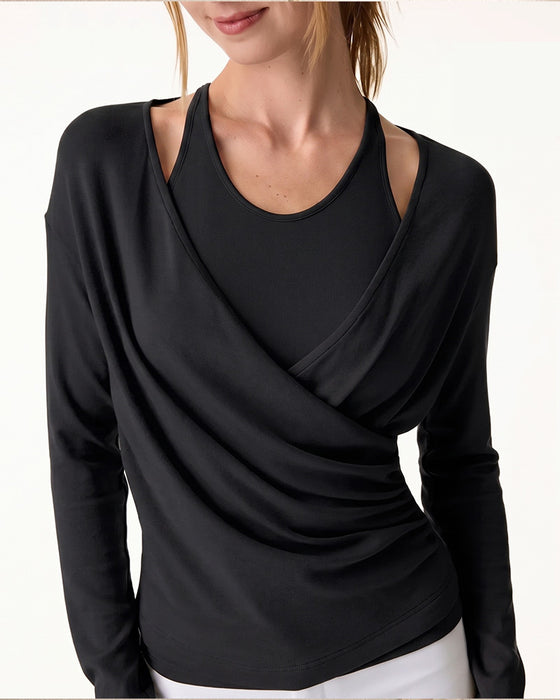 Halter Neck Cami Top Built In Bra Cross Long Sleeve Top Set