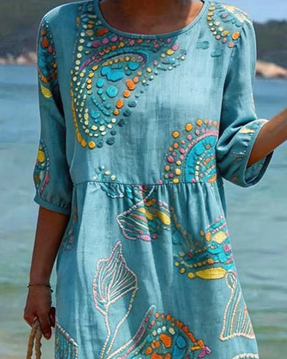 Print Round Neck Shirred Casual Dress