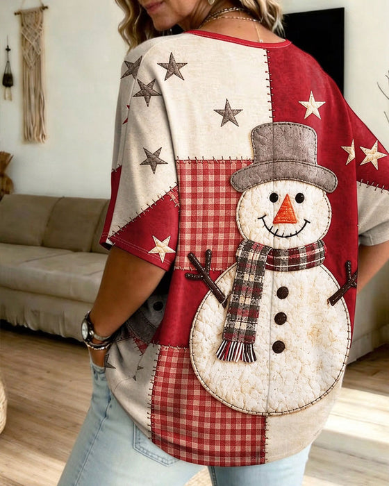Christmas Snowman Print V-Neck Half Sleeve T-Shirt