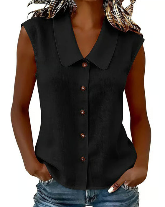 Sleeveless Lapel Linen-Cotton Shirt