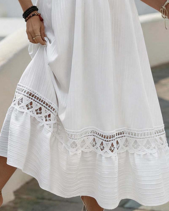 V Neck Cut Out Lace Medium Sleeve Dress