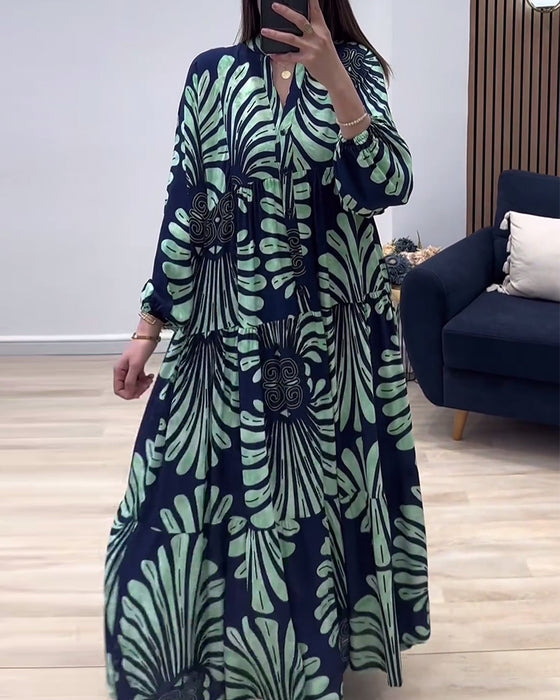 Stand collar long sleeve patchwork printed long dress