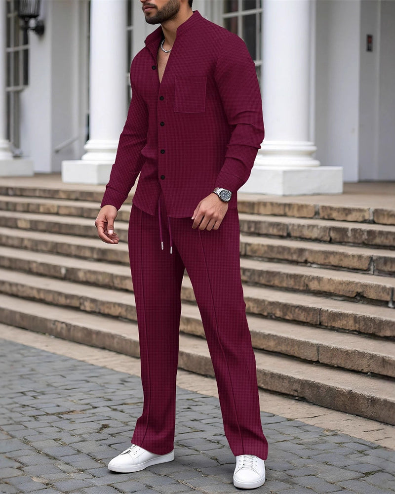 Men's Two-Piece Casual Waffle Shirt Pants Set
