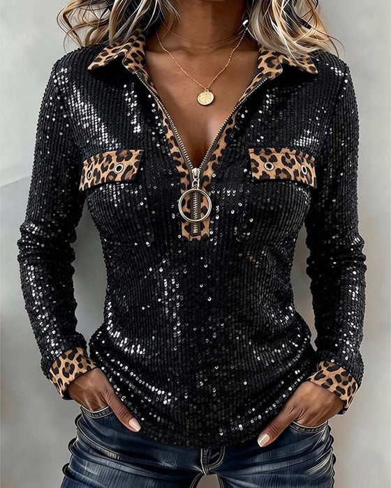Stylish Leopard Patchwork Zip Top