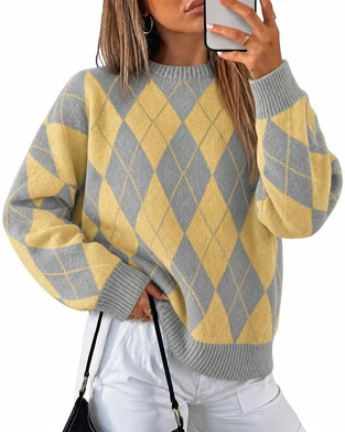 Diamond Color Block Crew Neck Pullover