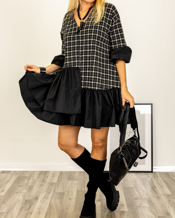 Short-Sleeved Plaid V-Neck Patchwork Dress