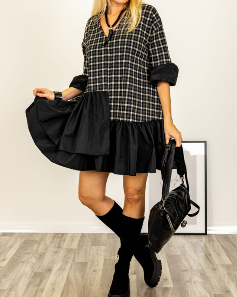Short-Sleeved Plaid V-Neck Patchwork Dress