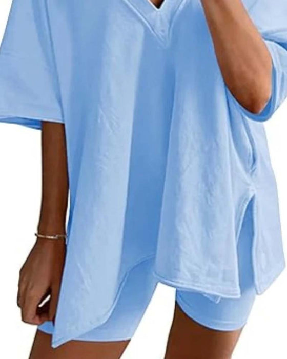Solid Color V-Neck Sportswear Two-Piece Set