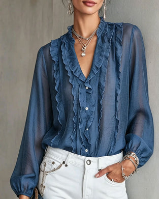 V-Neck Button Ruffle Blouse