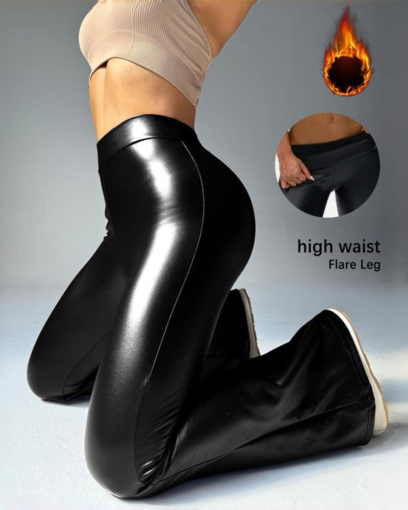 Solid Black PU Leather High Waist Leggings