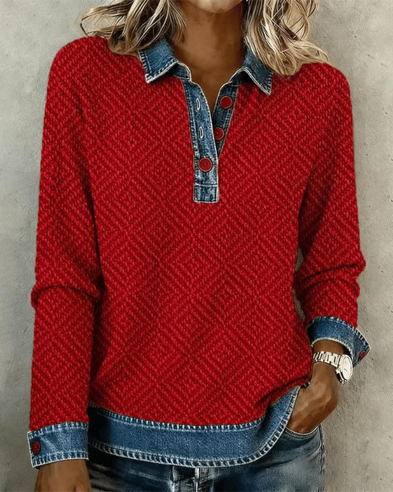 Collared Denim Patchwork Sweatshirt