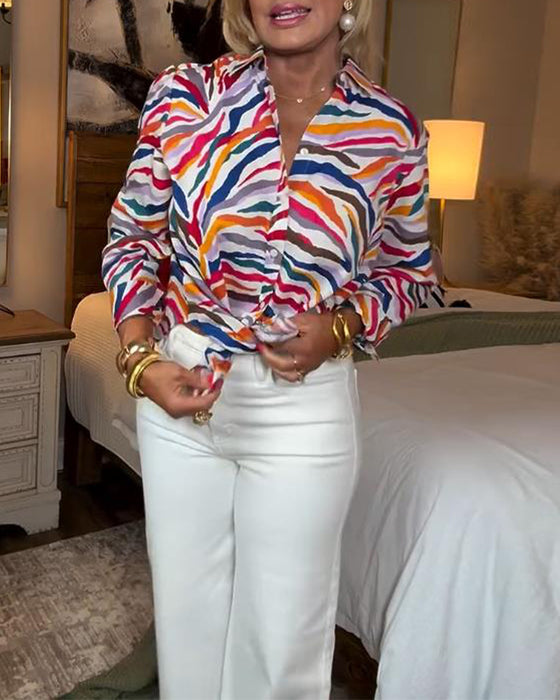 Lapel Long-Sleeved Colorful Floral Shirt