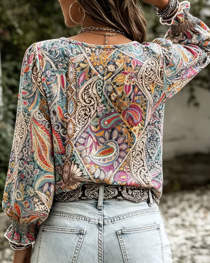 V-Neck Bohemian Bubble Sleeve Blouse