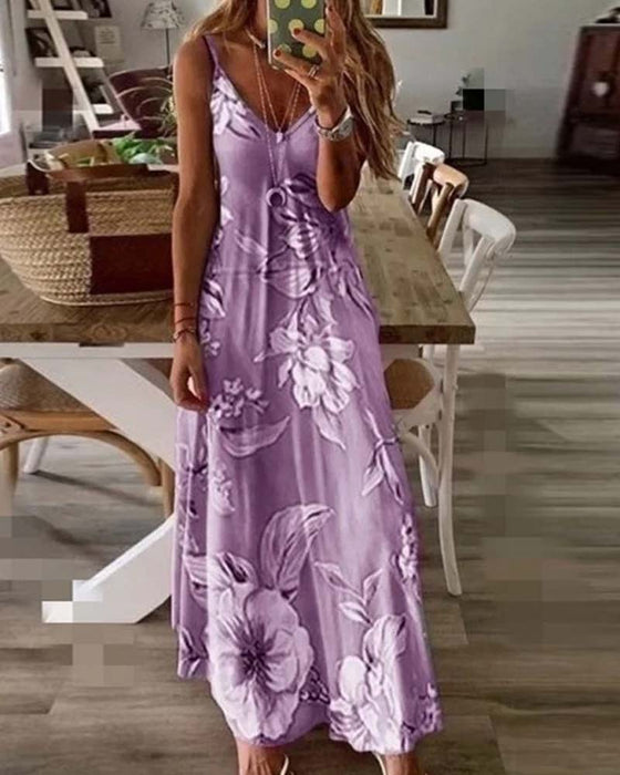 Long Print Spaghetti Strap Dress