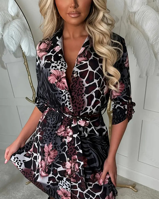 Leopard Floral Printed Shirt Dress
