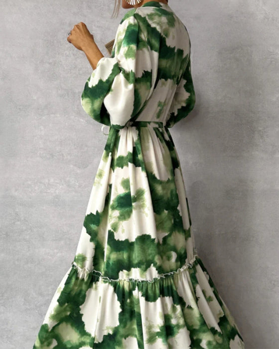 Elegant tie-dye patchwork drawstring balloon sleeve dress