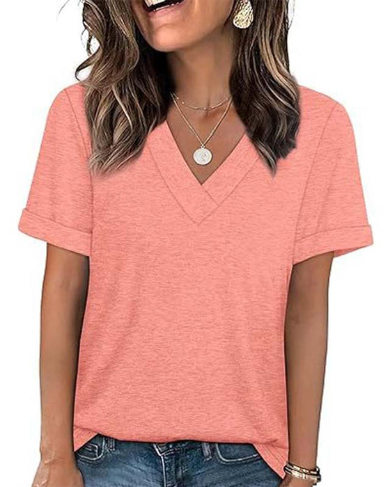 Solid V-Neck Casual Short Sleeve T-Shirt