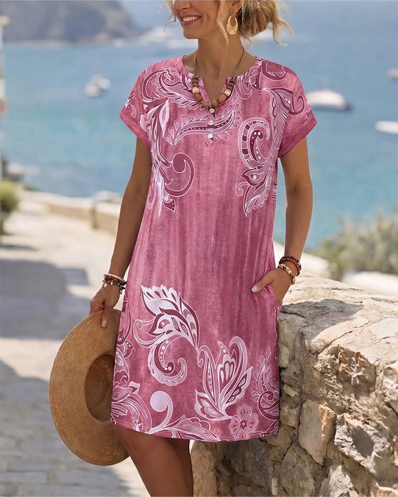V-Neck Half Placket Print Dress