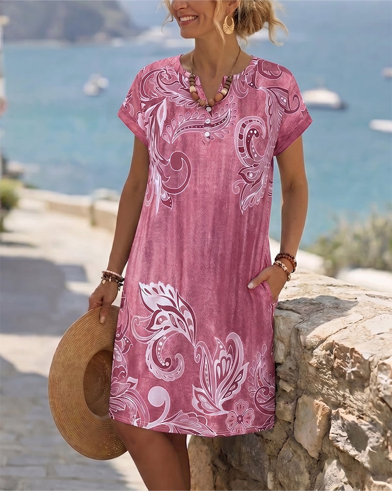 V-Neck Half Placket Print Dress