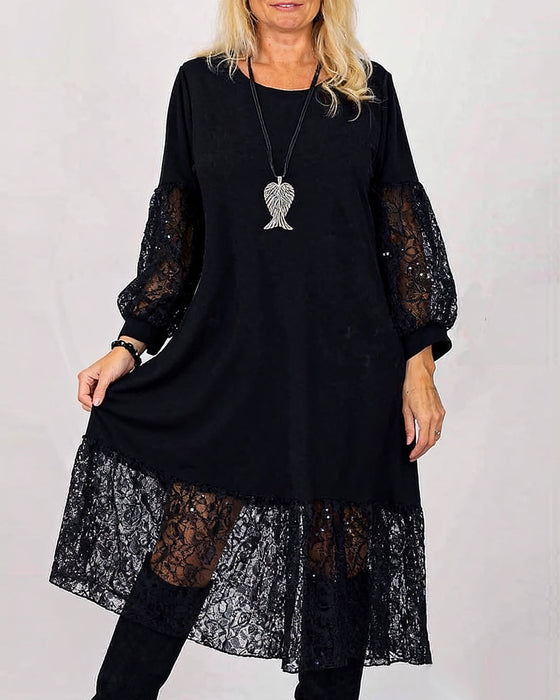 Round Neck Lace Patchwork Loose Dress