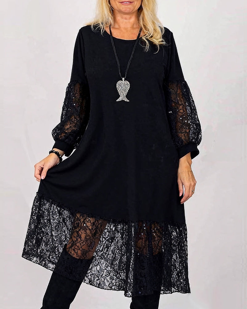 Round Neck Lace Patchwork Loose Dress