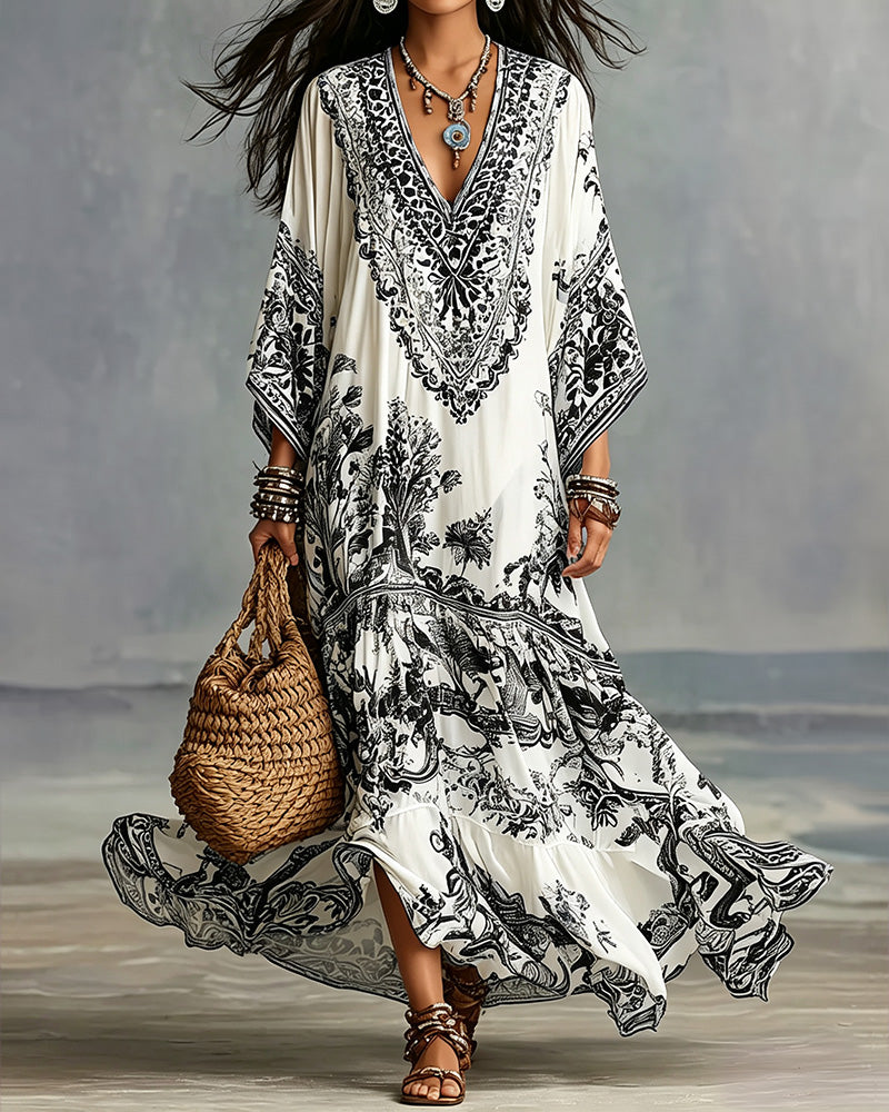 V-Neck Bohemian Flared Asymmetric Dress