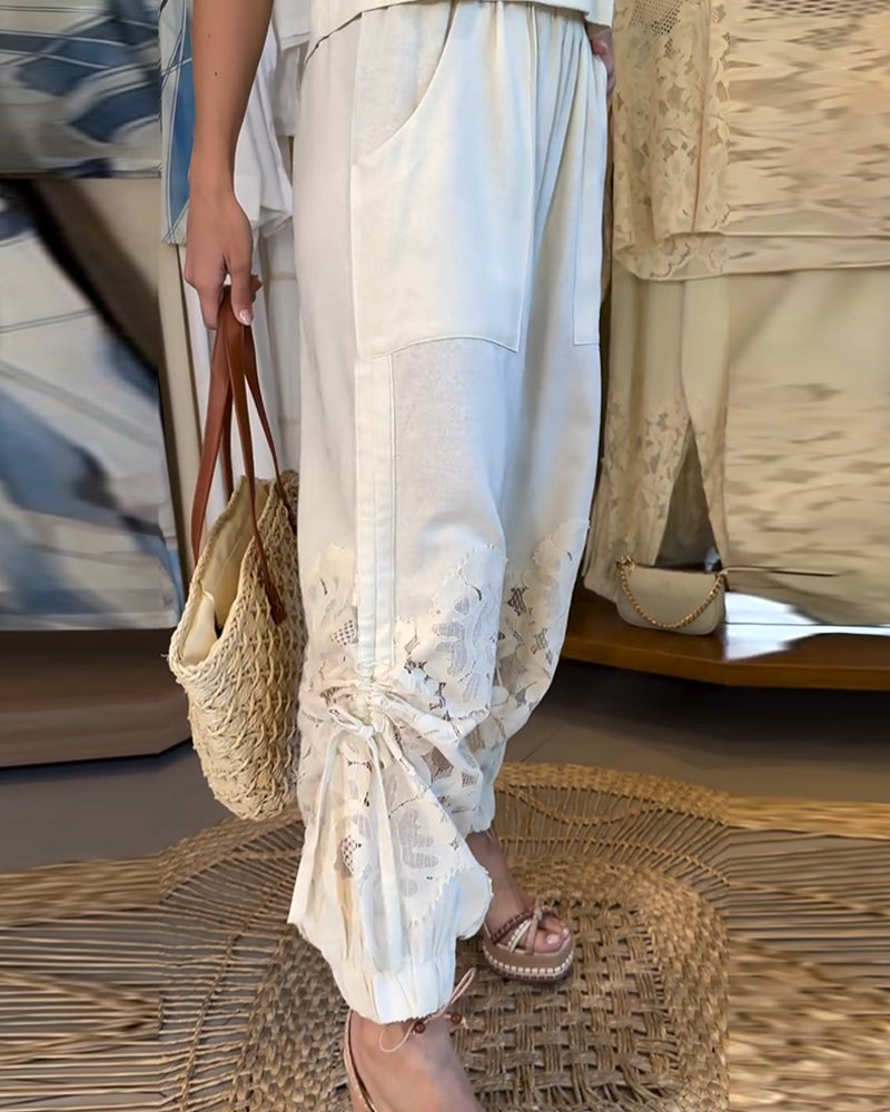 Solid Color Lace Patchwork Shirred Long Pants