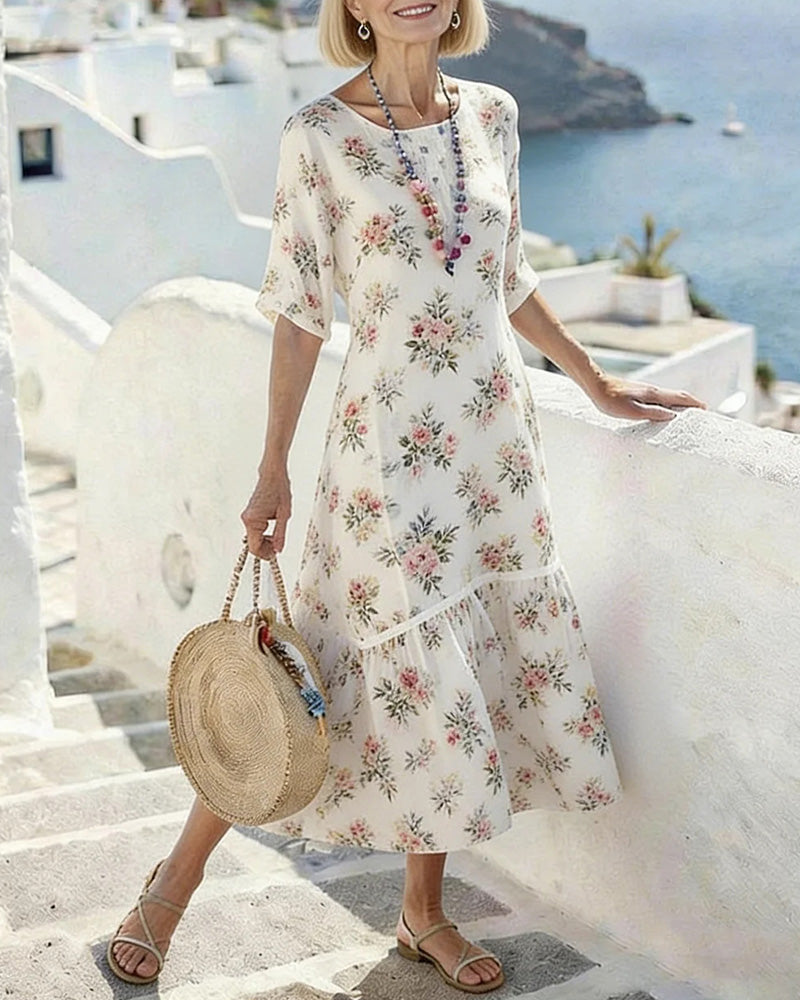 Tiny Floral Crewneck Patchwork Dress